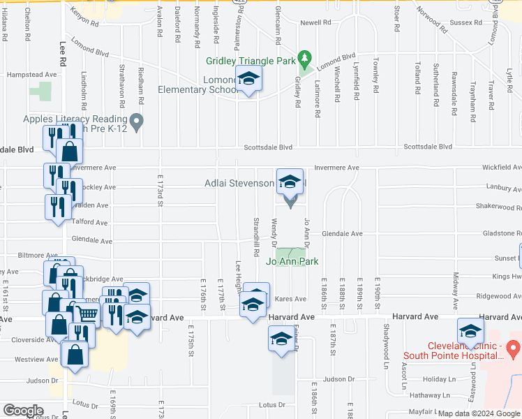map of restaurants, bars, coffee shops, grocery stores, and more near 3843 Strandhill Road in Cleveland
