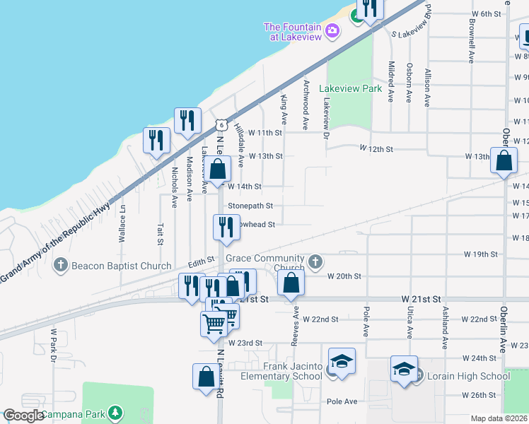 map of restaurants, bars, coffee shops, grocery stores, and more near 2221 West 15th Street in Lorain