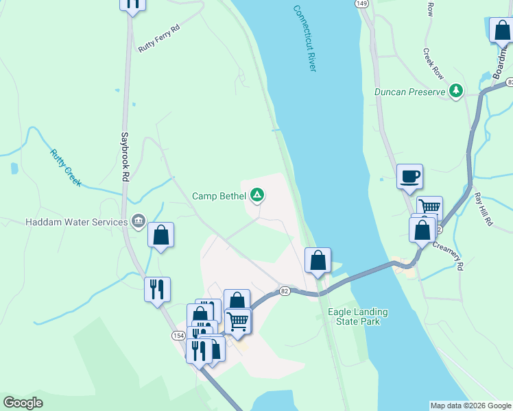 map of restaurants, bars, coffee shops, grocery stores, and more near 92 Camp Bethel Road in Haddam