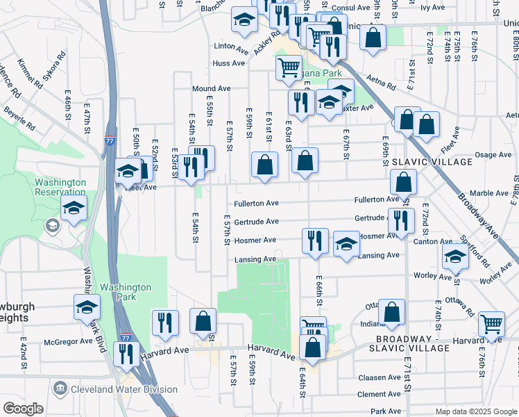 map of restaurants, bars, coffee shops, grocery stores, and more near 5920 Fullerton Avenue in Cleveland