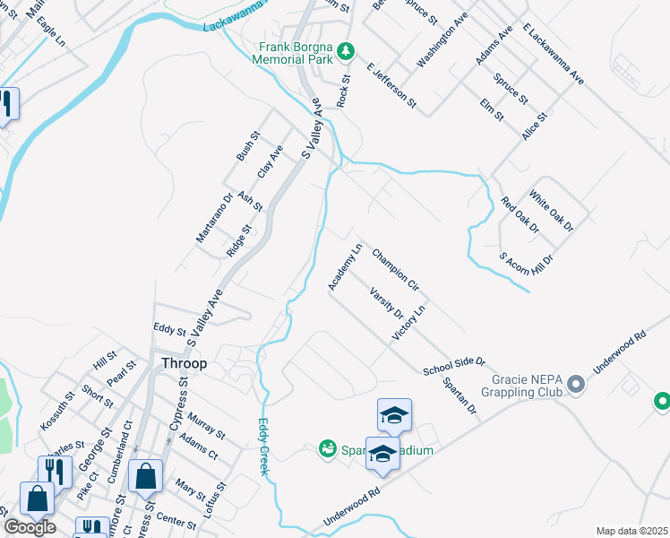 map of restaurants, bars, coffee shops, grocery stores, and more near 101-199 Academy Ln in Throop