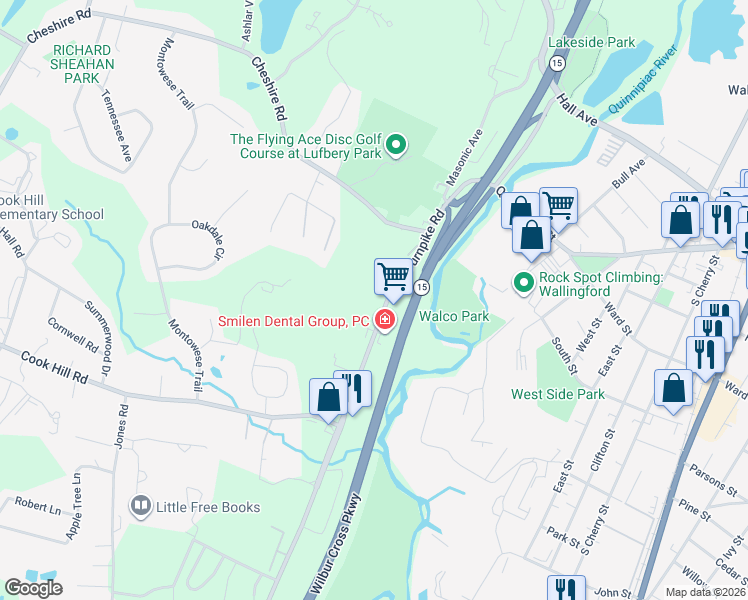 map of restaurants, bars, coffee shops, grocery stores, and more near 39 S Turnpike Rd in Wallingford