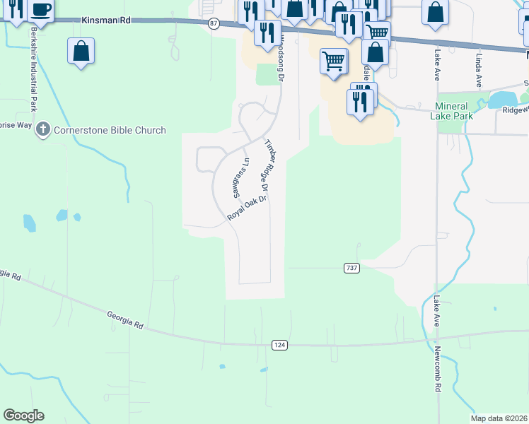 map of restaurants, bars, coffee shops, grocery stores, and more near 15414 Royal Oak Drive in Middlefield