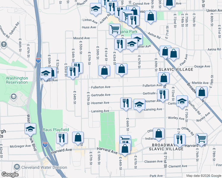 map of restaurants, bars, coffee shops, grocery stores, and more near 6211 Fullerton Avenue in Cleveland