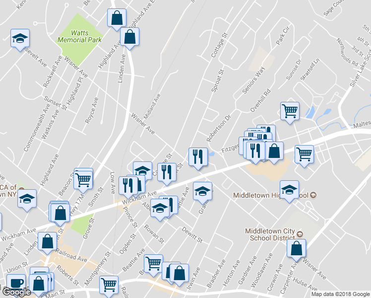 map of restaurants, bars, coffee shops, grocery stores, and more near 43 Sproat Street in Middletown