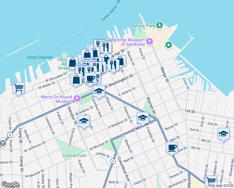 map of restaurants, bars, coffee shops, grocery stores, and more near 322 Hancock Street in Sandusky
