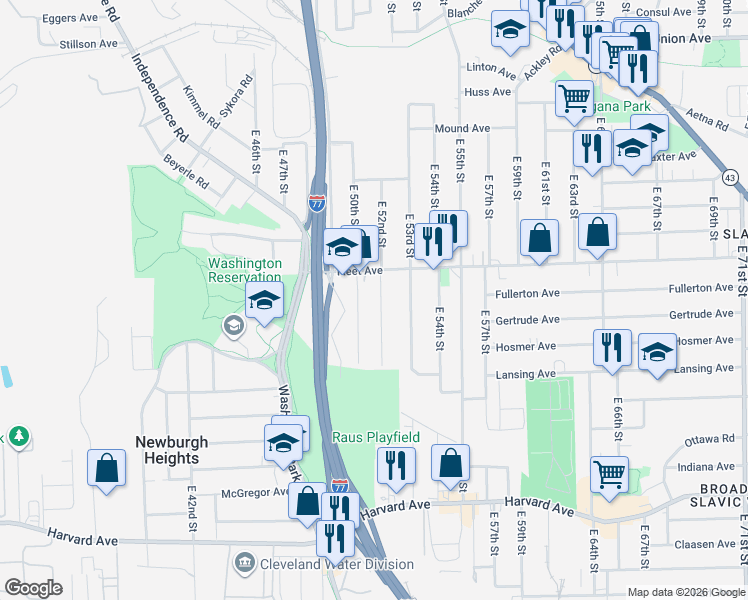 map of restaurants, bars, coffee shops, grocery stores, and more near 5002 Fleet Avenue in Cleveland