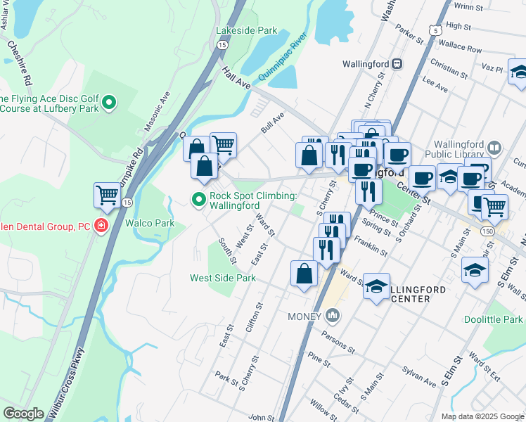 map of restaurants, bars, coffee shops, grocery stores, and more near 10 Valley Street in Wallingford