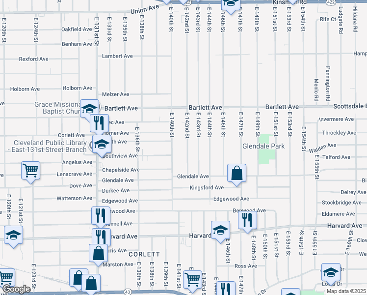 map of restaurants, bars, coffee shops, grocery stores, and more near 3820 East 142nd Street in Cleveland