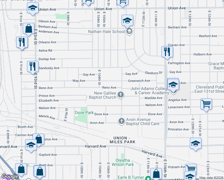 map of restaurants, bars, coffee shops, grocery stores, and more near 10614 Way Avenue in Cleveland