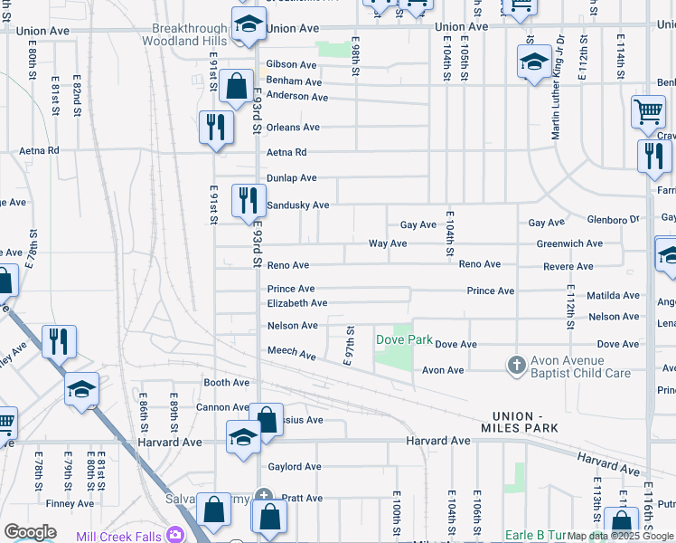 map of restaurants, bars, coffee shops, grocery stores, and more near 9617 Reno Avenue in Cleveland