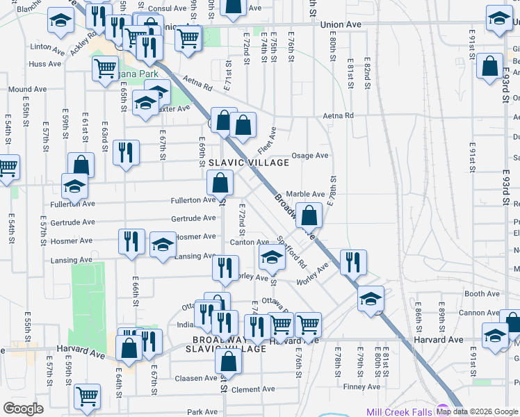 map of restaurants, bars, coffee shops, grocery stores, and more near 7460 Ohio 43 in Cleveland