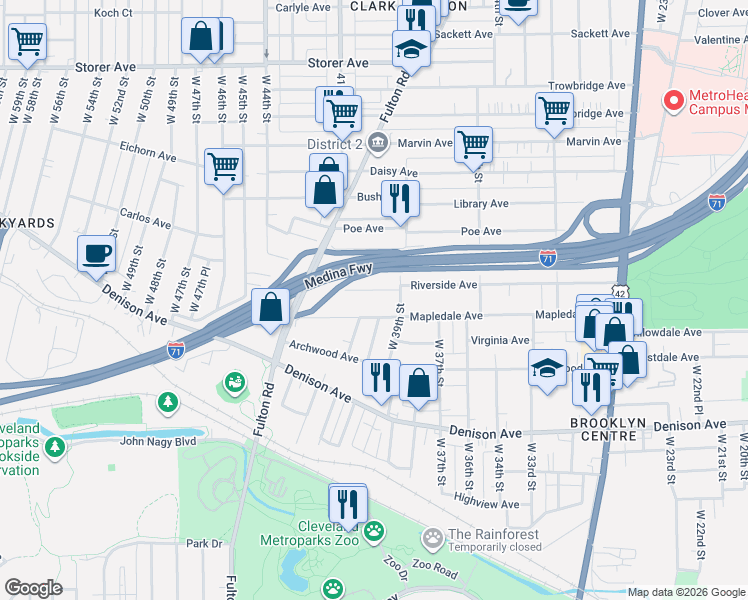 map of restaurants, bars, coffee shops, grocery stores, and more near 4016 Riverside Avenue in Cleveland