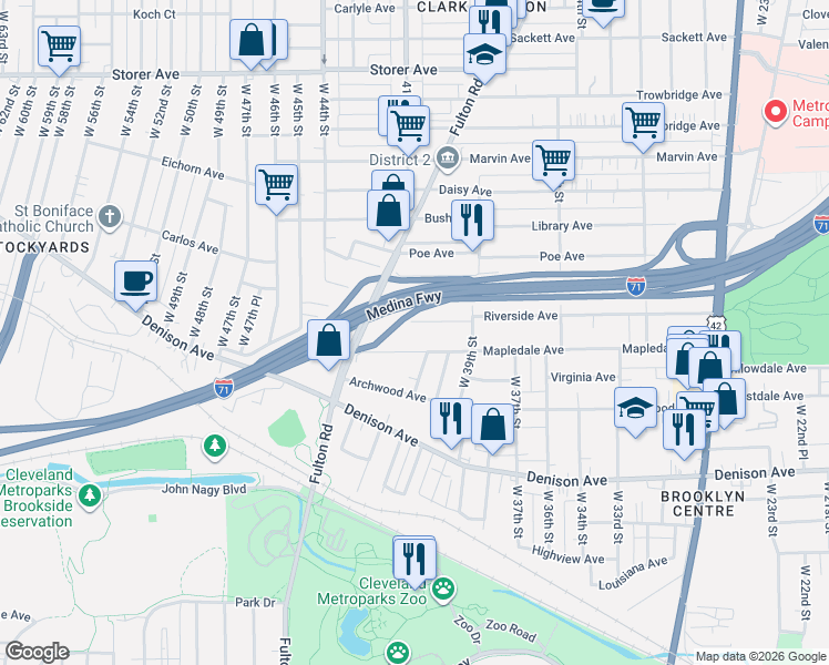 map of restaurants, bars, coffee shops, grocery stores, and more near 4016 Riverside Avenue in Cleveland