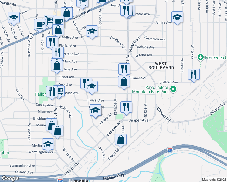 map of restaurants, bars, coffee shops, grocery stores, and more near 10624 Dale Avenue in Cleveland