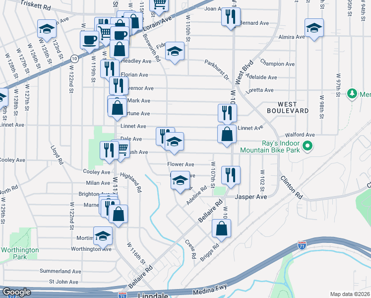 map of restaurants, bars, coffee shops, grocery stores, and more near 11020 Dale Avenue in Cleveland