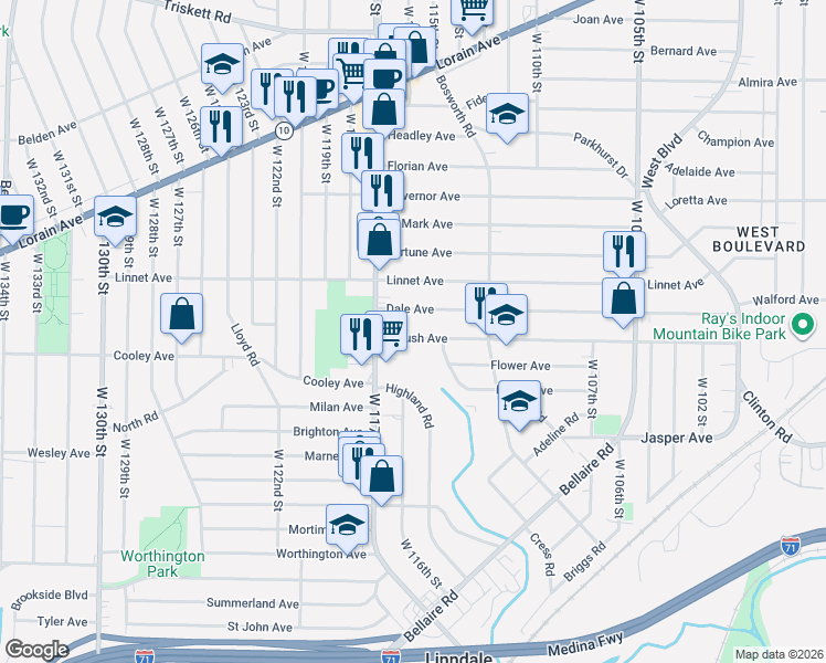 map of restaurants, bars, coffee shops, grocery stores, and more near 11521 Dale Avenue in Cleveland