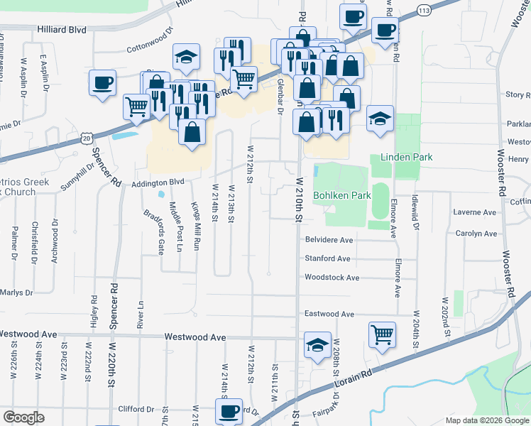 map of restaurants, bars, coffee shops, grocery stores, and more near 3830 Circlewood Drive in Fairview Park
