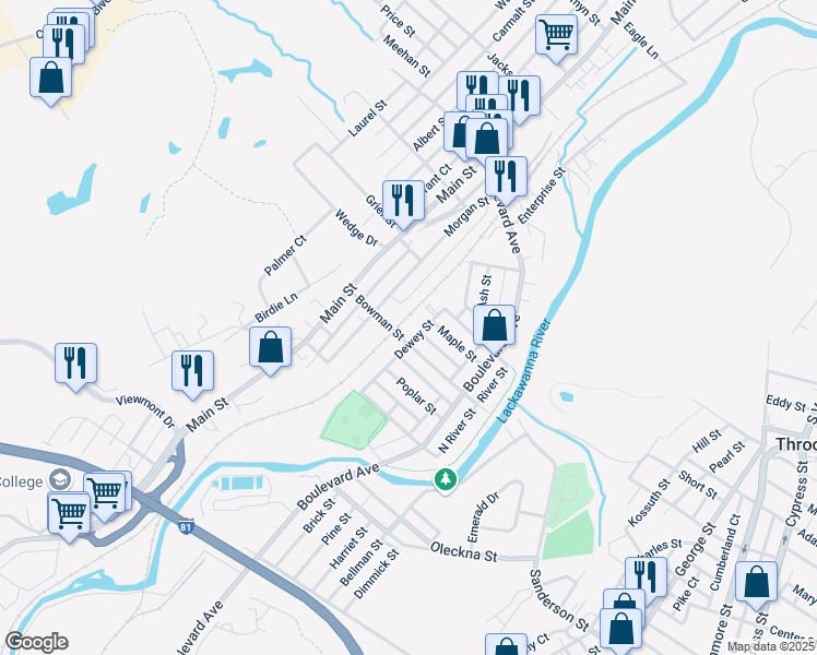 map of restaurants, bars, coffee shops, grocery stores, and more near 300 Bowman Street in Dickson City