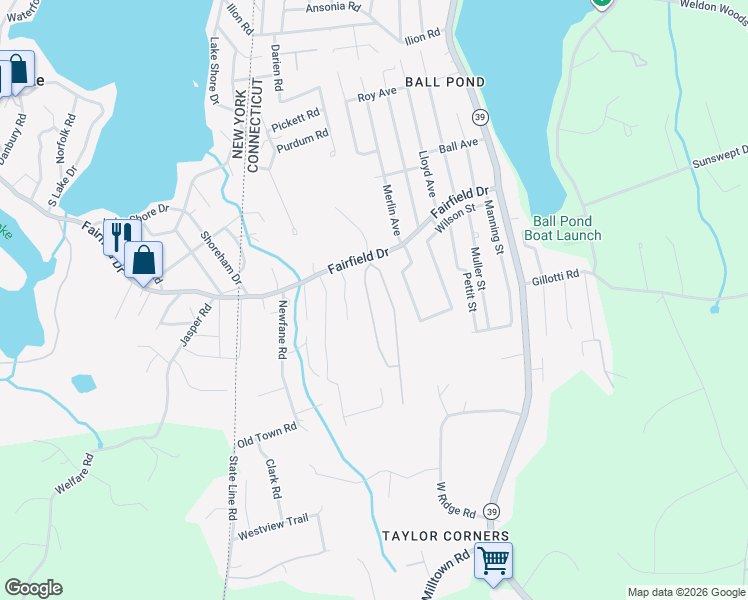 map of restaurants, bars, coffee shops, grocery stores, and more near 2 Hillview Drive in New Fairfield