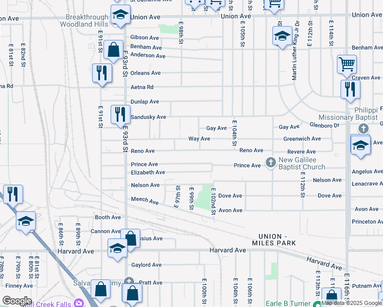 map of restaurants, bars, coffee shops, grocery stores, and more near 9902 Reno Avenue in Cleveland
