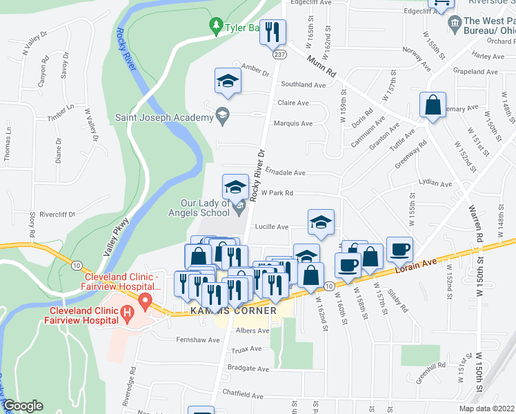 map of restaurants, bars, coffee shops, grocery stores, and more near 16803 West Park Road in Cleveland