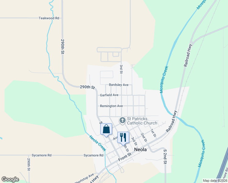 map of restaurants, bars, coffee shops, grocery stores, and more near 303 Bardsley Avenue in Neola