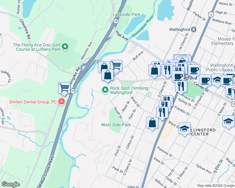 map of restaurants, bars, coffee shops, grocery stores, and more near 47 Valley Street in Wallingford