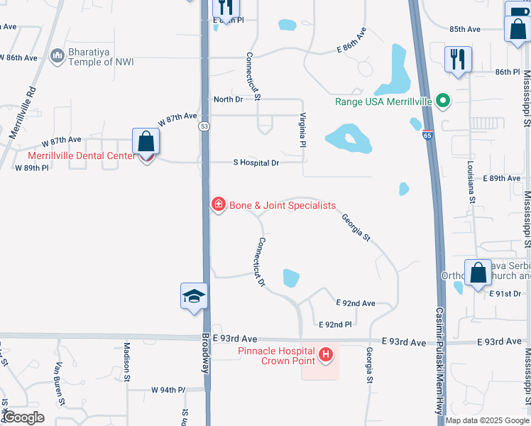 map of restaurants, bars, coffee shops, grocery stores, and more near 343 East 90th Drive in Merrillville