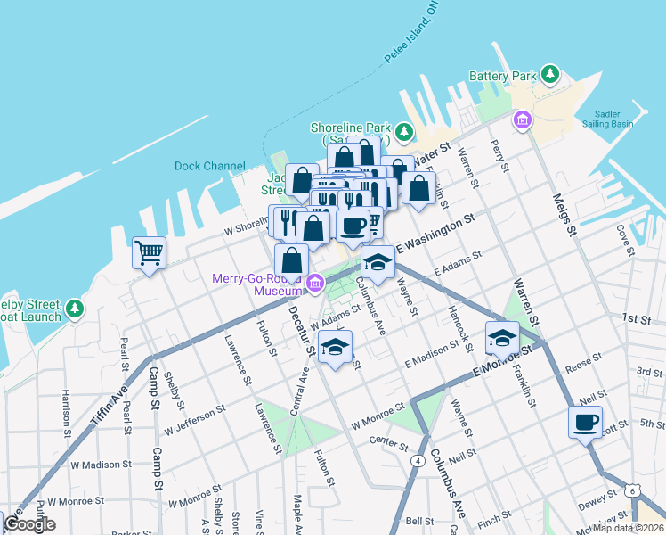 map of restaurants, bars, coffee shops, grocery stores, and more near 215 West Washington Row in Sandusky