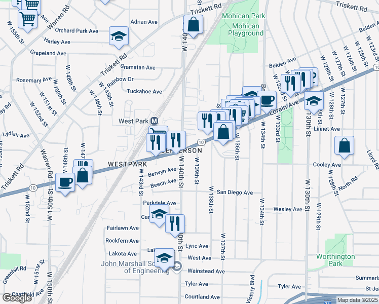 map of restaurants, bars, coffee shops, grocery stores, and more near 13857 Lorain Avenue in Cleveland