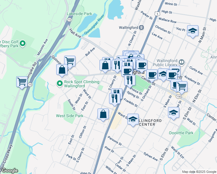 map of restaurants, bars, coffee shops, grocery stores, and more near 13 Judd Square in Wallingford