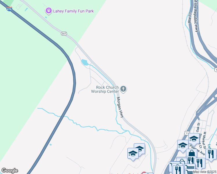 map of restaurants, bars, coffee shops, grocery stores, and more near Morgan Highway in Scranton