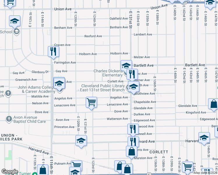 map of restaurants, bars, coffee shops, grocery stores, and more near 12700 Corlett Avenue in Cleveland