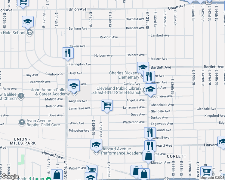 map of restaurants, bars, coffee shops, grocery stores, and more near 12510 Corlett Avenue in Cleveland