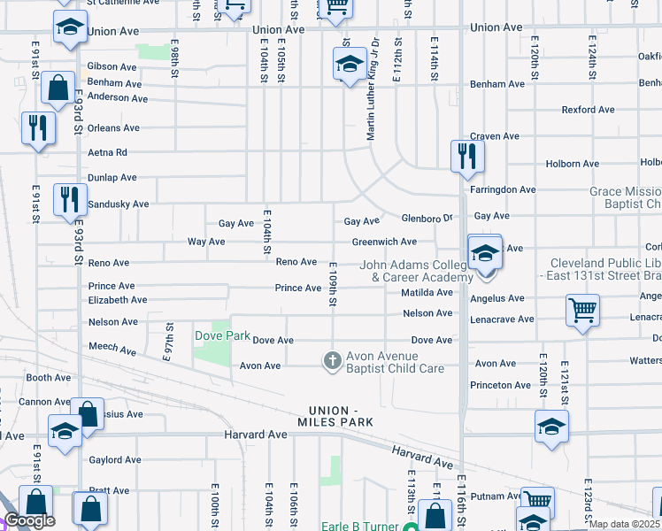map of restaurants, bars, coffee shops, grocery stores, and more near 10902 Greenwich Avenue in Cleveland