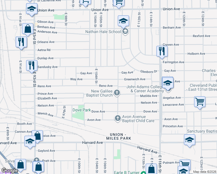 map of restaurants, bars, coffee shops, grocery stores, and more near 10614 Way Avenue in Cleveland