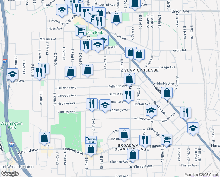 map of restaurants, bars, coffee shops, grocery stores, and more near 6729 Fullerton Avenue in Cleveland