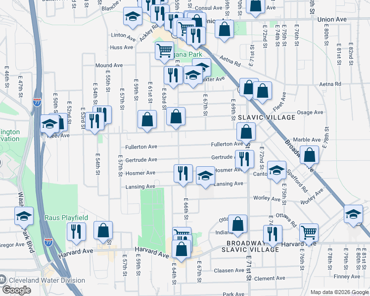 map of restaurants, bars, coffee shops, grocery stores, and more near in Cleveland