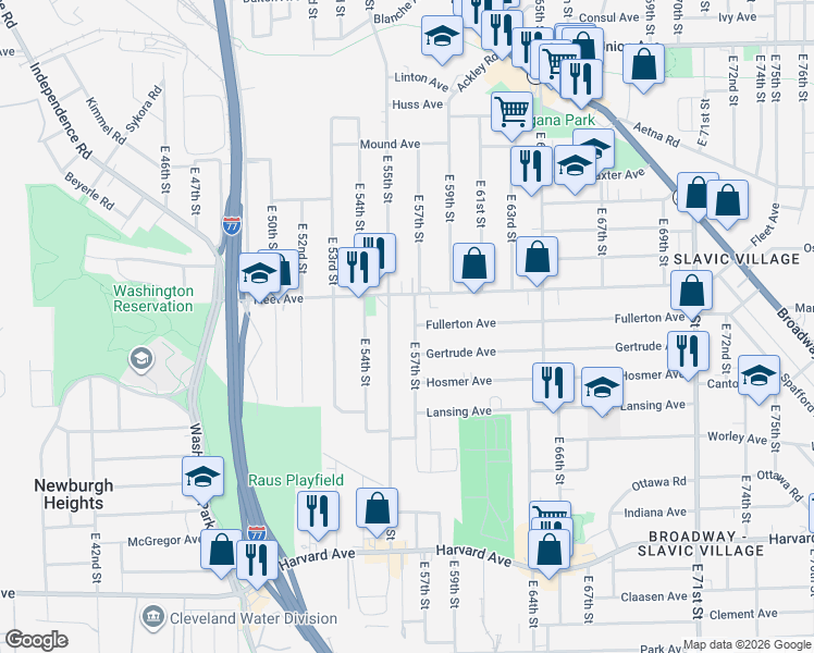 map of restaurants, bars, coffee shops, grocery stores, and more near 5500 Fleet Avenue in Cleveland