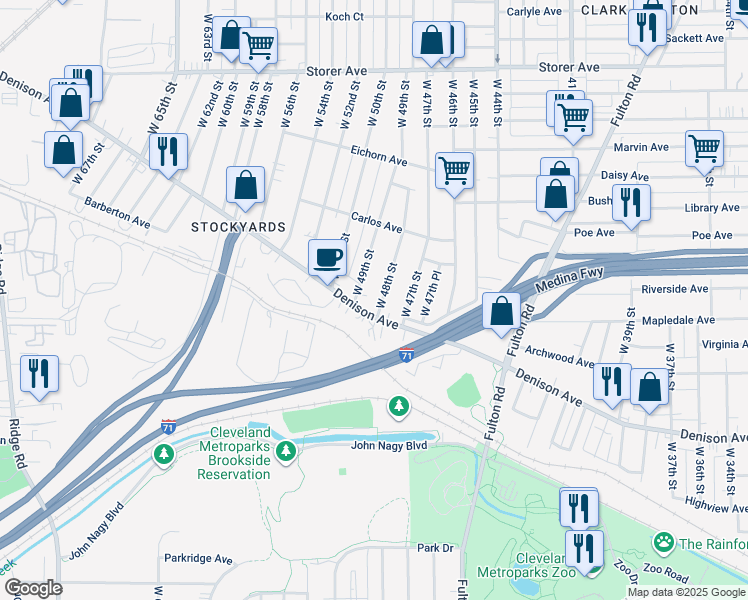 map of restaurants, bars, coffee shops, grocery stores, and more near 3648 West 48th Street in Cleveland