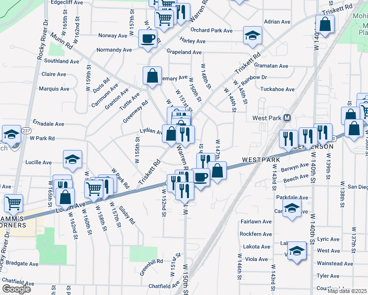 map of restaurants, bars, coffee shops, grocery stores, and more near 3693 Warren Road in Cleveland