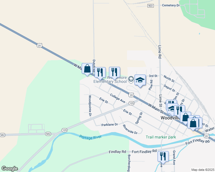 map of restaurants, bars, coffee shops, grocery stores, and more near 924 West Main Street in Woodville