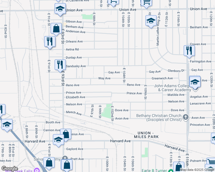 map of restaurants, bars, coffee shops, grocery stores, and more near 10014 Reno Avenue in Cleveland