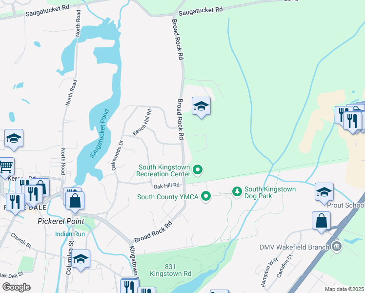 map of restaurants, bars, coffee shops, grocery stores, and more near 351 Broad Rock Road in South Kingstown