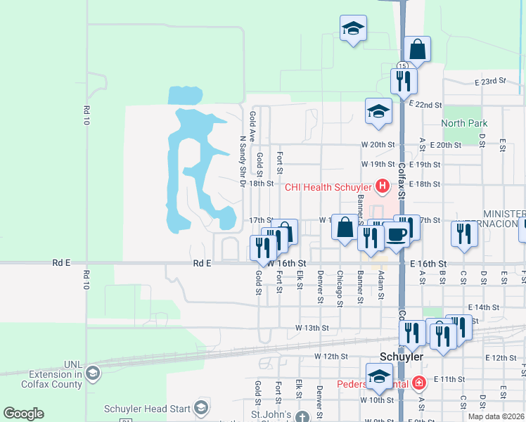 map of restaurants, bars, coffee shops, grocery stores, and more near 1706 Gold Street in Schuyler