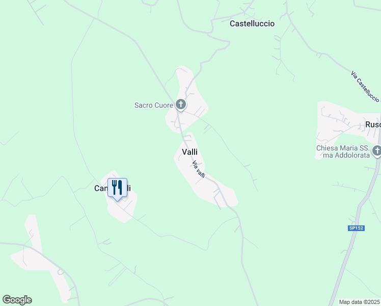 map of restaurants, bars, coffee shops, grocery stores, and more near Via valli in Valli