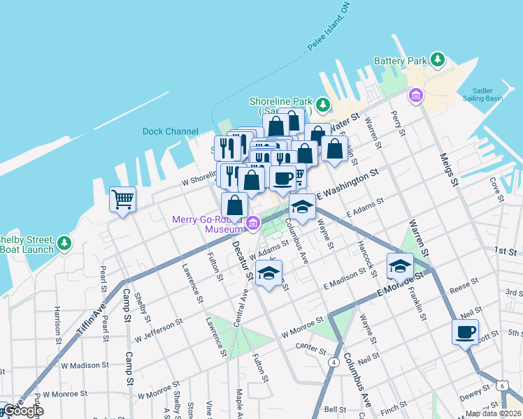 map of restaurants, bars, coffee shops, grocery stores, and more near 215 West Washington Row in Sandusky