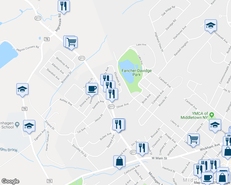 map of restaurants, bars, coffee shops, grocery stores, and more near 11 Elizabeth Avenue in Middletown