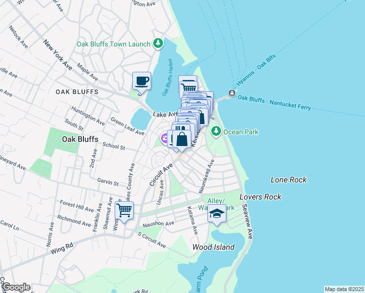 map of restaurants, bars, coffee shops, grocery stores, and more near 39 Circuit Avenue in Oak Bluffs